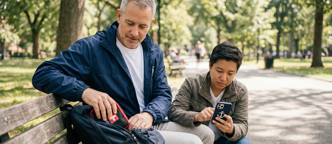 A calm community volunteer sitting on a park bench reaching into a backpack for a first-aid kit while a friend types on a phone to call for assistance, photographed in warm natural light with a softly blurred park background.