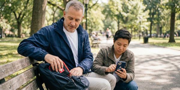 A calm community volunteer sitting on a park bench reaching into a backpack for a first-aid kit while a friend types on a phone to call for assistance, photographed in warm natural light with a softly blurred park background.