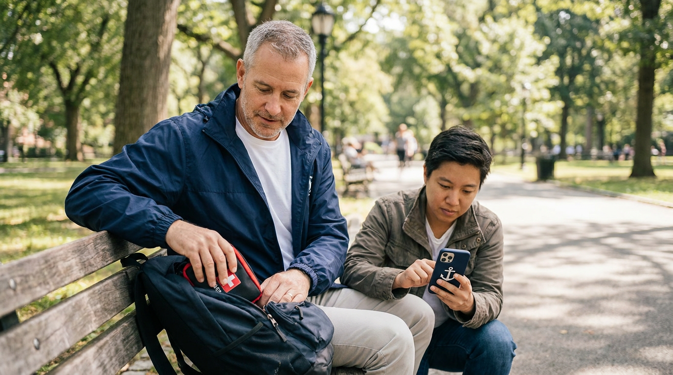 A calm community volunteer sitting on a park bench reaching into a backpack for a first-aid kit while a friend types on a phone to call for assistance, photographed in warm natural light with a softly blurred park background.