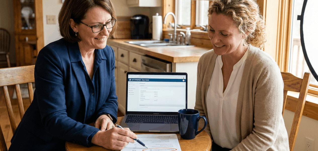Two people at a sunlit kitchen table review a simple printed fee summary next to a laptop showing a legal assistance interface; the attorney points to clear line items while the client nods in agreement. The composition is warm and uncluttered, emphasizing transparency and choice.