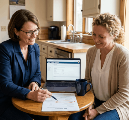 Two people at a sunlit kitchen table review a simple printed fee summary next to a laptop showing a legal assistance interface; the attorney points to clear line items while the client nods in agreement. The composition is warm and uncluttered, emphasizing transparency and choice.
