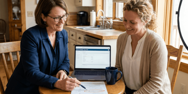 Two people at a sunlit kitchen table review a simple printed fee summary next to a laptop showing a legal assistance interface; the attorney points to clear line items while the client nods in agreement. The composition is warm and uncluttered, emphasizing transparency and choice.