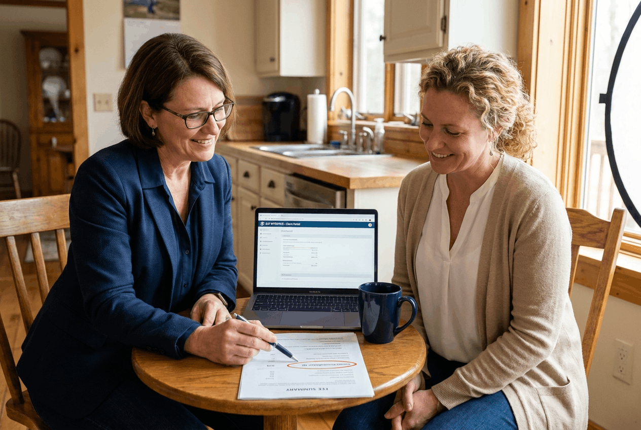 Two people at a sunlit kitchen table review a simple printed fee summary next to a laptop showing a legal assistance interface; the attorney points to clear line items while the client nods in agreement. The composition is warm and uncluttered, emphasizing transparency and choice.