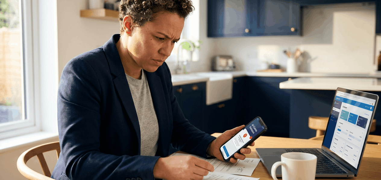 A concerned adult caregiver sits at a kitchen table reviewing medical bills and insurance documents while viewing a claims assistant on their phone, with a laptop open to a claims interface nearby. The scene is warm, organized, and focused to show clear guidance reducing panic.