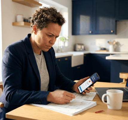 A concerned adult caregiver sits at a kitchen table reviewing medical bills and insurance documents while viewing a claims assistant on their phone, with a laptop open to a claims interface nearby. The scene is warm, organized, and focused to show clear guidance reducing panic.