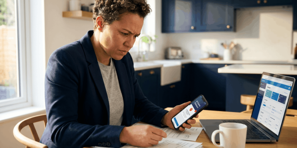 A concerned adult caregiver sits at a kitchen table reviewing medical bills and insurance documents while viewing a claims assistant on their phone, with a laptop open to a claims interface nearby. The scene is warm, organized, and focused to show clear guidance reducing panic.
