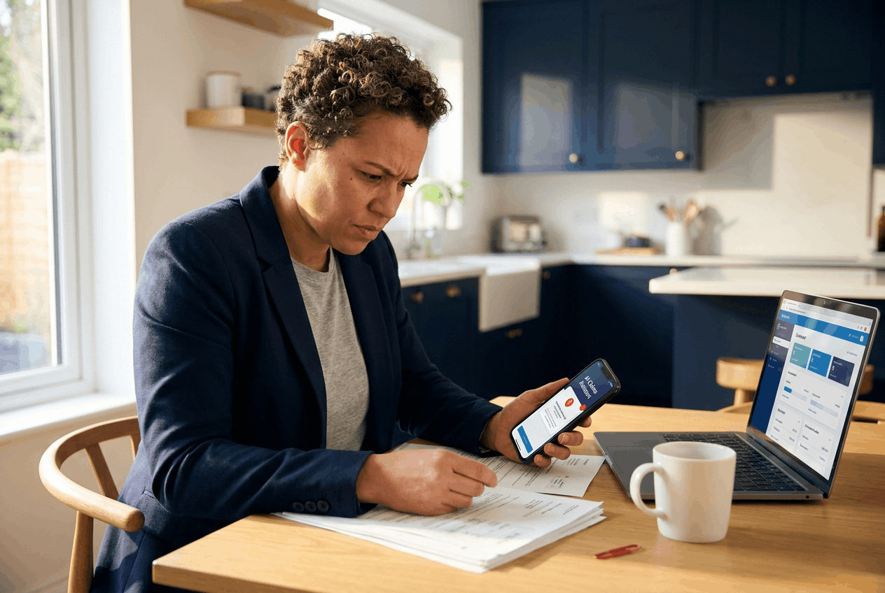 A concerned adult caregiver sits at a kitchen table reviewing medical bills and insurance documents while viewing a claims assistant on their phone, with a laptop open to a claims interface nearby. The scene is warm, organized, and focused to show clear guidance reducing panic.