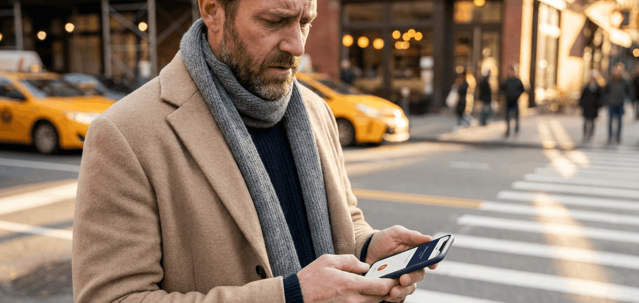 Man in a coat and scarf checks his smartphone while standing at a busy urban crosswalk with taxis passing behind him, reflecting concern while reviewing information at a pedestrian intersection.