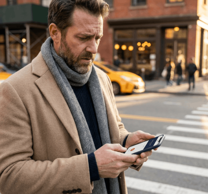 Man in a coat and scarf checks his smartphone while standing at a busy urban crosswalk with taxis passing behind him, reflecting concern while reviewing information at a pedestrian intersection.