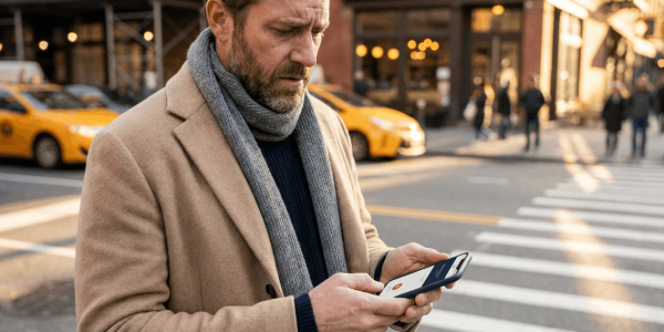 Man in a coat and scarf checks his smartphone while standing at a busy urban crosswalk with taxis passing behind him, reflecting concern while reviewing information at a pedestrian intersection.