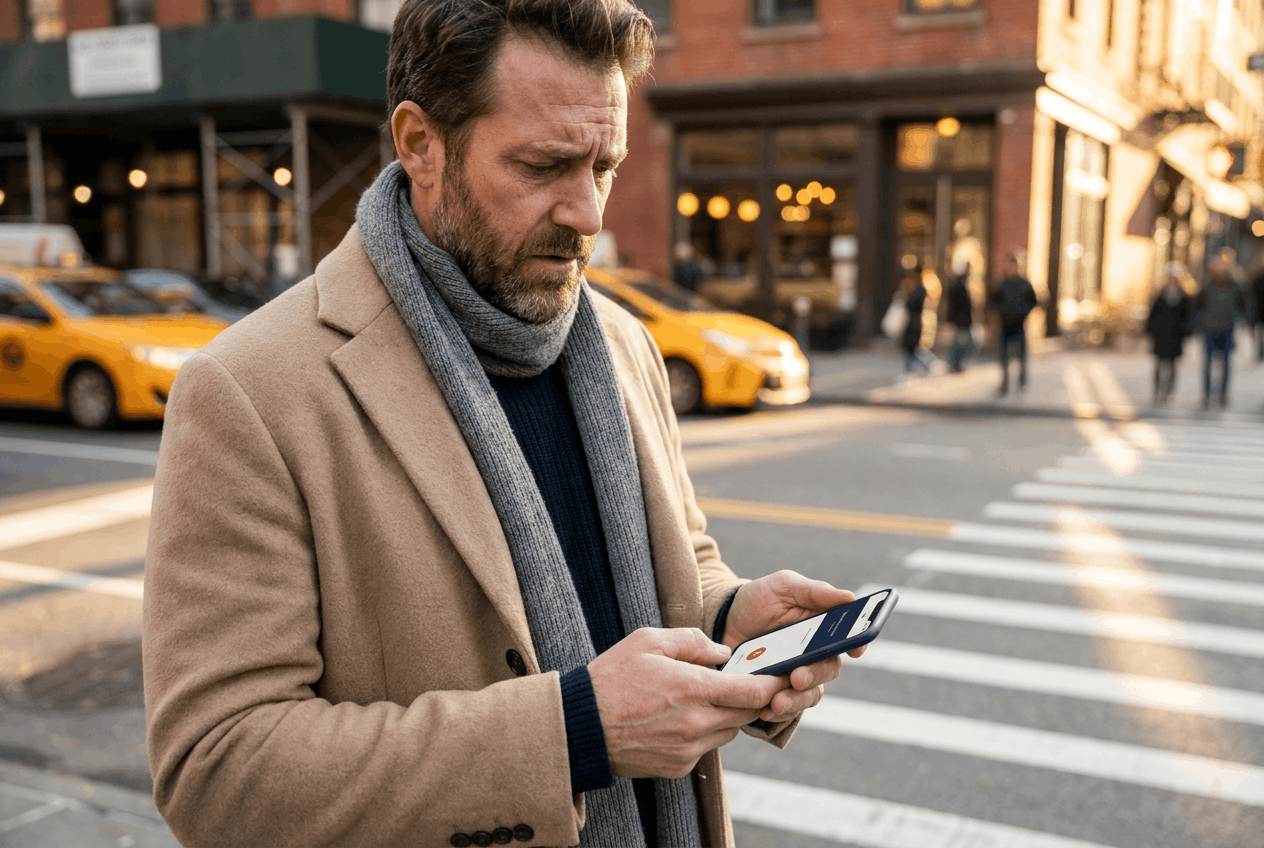 Man in a coat and scarf checks his smartphone while standing at a busy urban crosswalk with taxis passing behind him, reflecting concern while reviewing information at a pedestrian intersection.