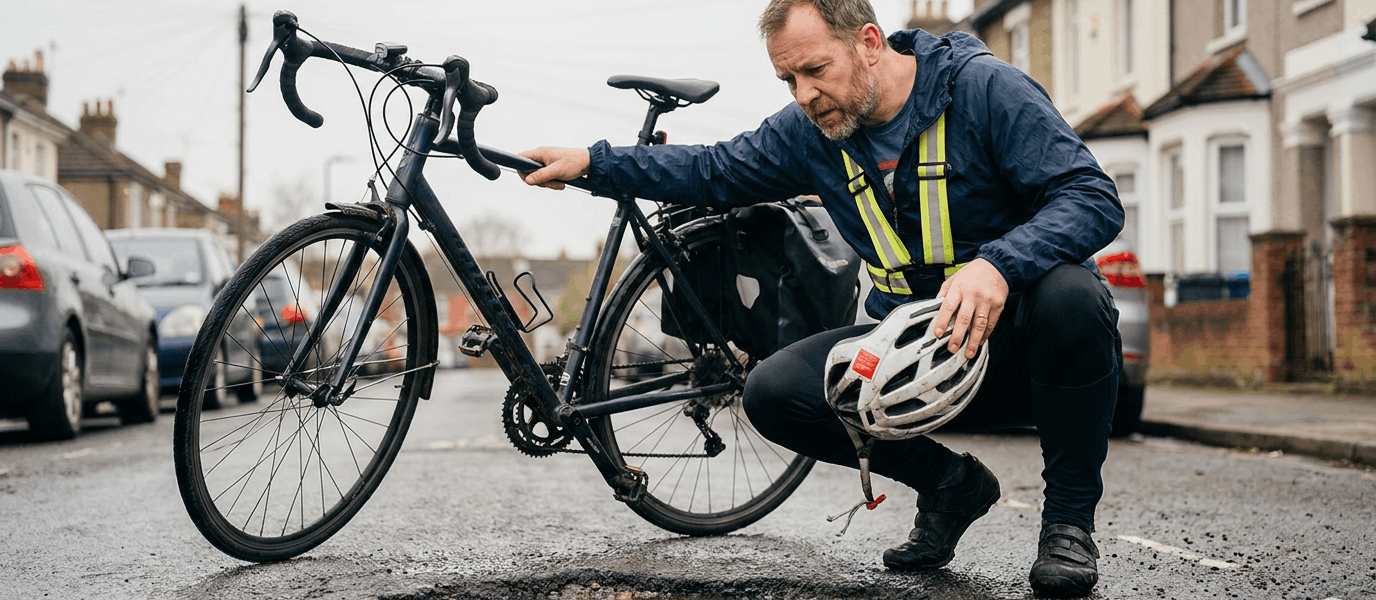 Cyclist crouching beside his bike examines a water-filled pothole on a residential street, holding his helmet while wearing a reflective safety vest, illustrating road hazards and cycling safety awareness in urban areas.