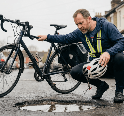 Cyclist crouching beside his bike examines a water-filled pothole on a residential street, holding his helmet while wearing a reflective safety vest, illustrating road hazards and cycling safety awareness in urban areas.
