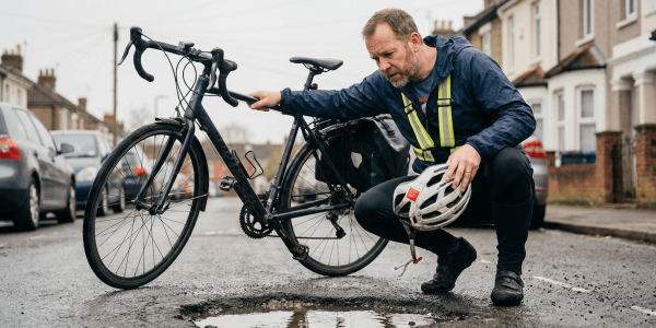 Cyclist crouching beside his bike examines a water-filled pothole on a residential street, holding his helmet while wearing a reflective safety vest, illustrating road hazards and cycling safety awareness in urban areas.