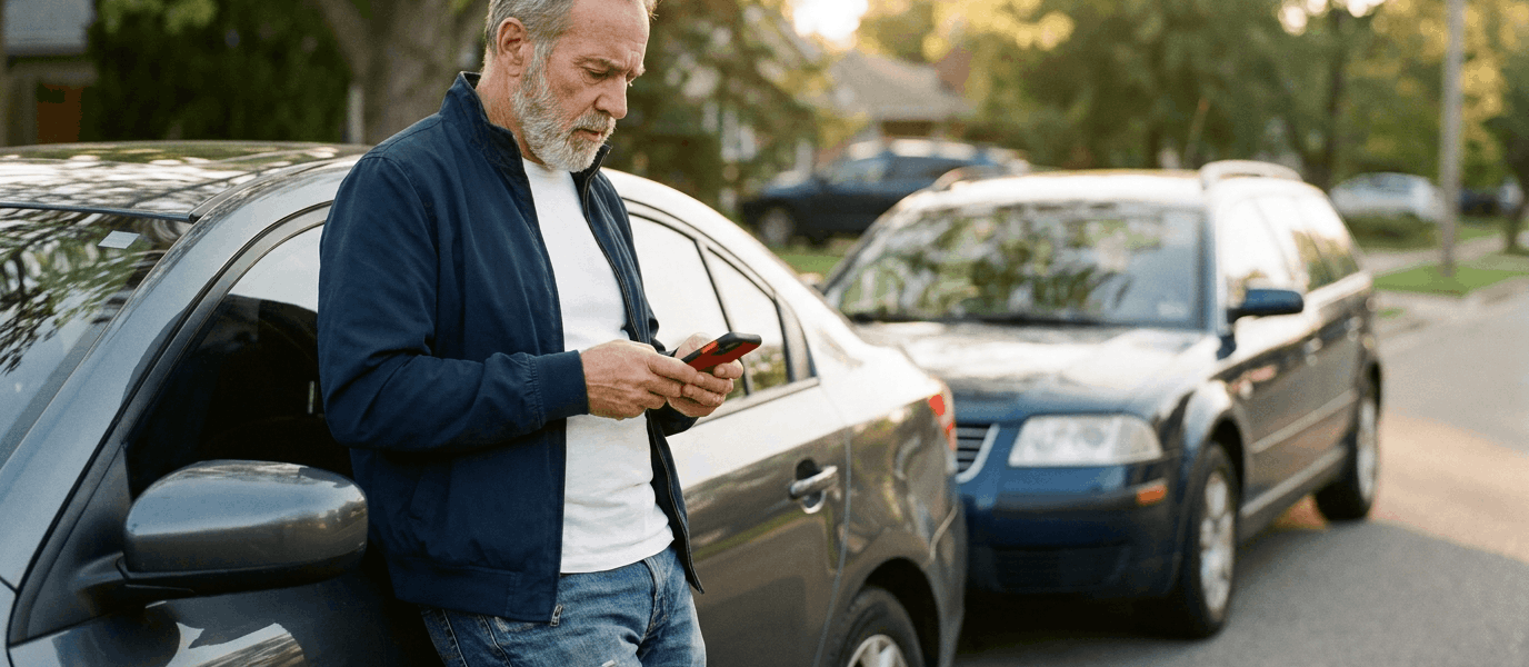 A driver standing beside two cars on a suburban roadside, leaning on a car while checking their phone and appearing relieved but uncertain; warm, natural light and minimal visible vehicle damage create a calm, practical scene. The composition keeps the person in clear focus with the cars softly blurred in the background to emphasize action and forward motion.