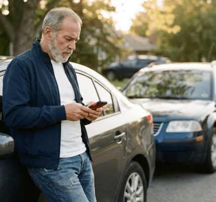 A driver standing beside two cars on a suburban roadside, leaning on a car while checking their phone and appearing relieved but uncertain; warm, natural light and minimal visible vehicle damage create a calm, practical scene. The composition keeps the person in clear focus with the cars softly blurred in the background to emphasize action and forward motion.