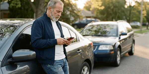 A driver standing beside two cars on a suburban roadside, leaning on a car while checking their phone and appearing relieved but uncertain; warm, natural light and minimal visible vehicle damage create a calm, practical scene. The composition keeps the person in clear focus with the cars softly blurred in the background to emphasize action and forward motion.
