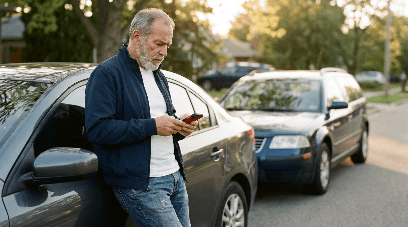 A driver standing beside two cars on a suburban roadside, leaning on a car while checking their phone and appearing relieved but uncertain; warm, natural light and minimal visible vehicle damage create a calm, practical scene. The composition keeps the person in clear focus with the cars softly blurred in the background to emphasize action and forward motion.