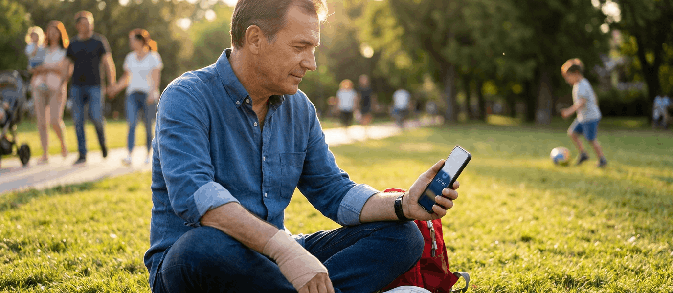 Middle-aged man sitting on grass in a neighborhood park at golden hour, looking at his phone while his hand is bandaged and conveying calm concern and active problem-solving.