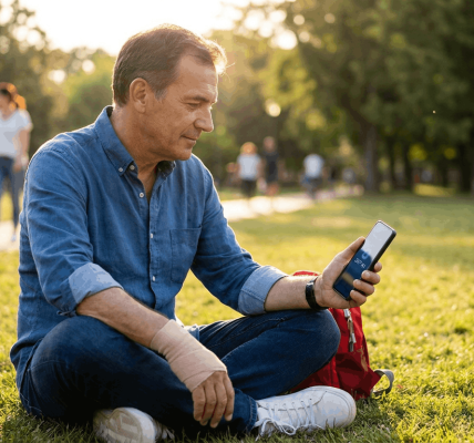 Middle-aged man sitting on grass in a neighborhood park at golden hour, looking at his phone while his hand is bandaged and conveying calm concern and active problem-solving.