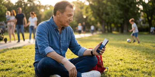 Middle-aged man sitting on grass in a neighborhood park at golden hour, looking at his phone while his hand is bandaged and conveying calm concern and active problem-solving.