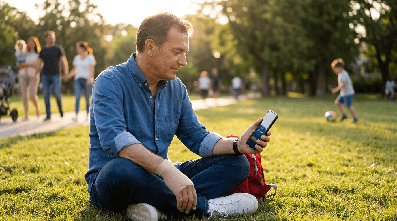 Middle-aged man sitting on grass in a neighborhood park at golden hour, looking at his phone while his hand is bandaged and conveying calm concern and active problem-solving.