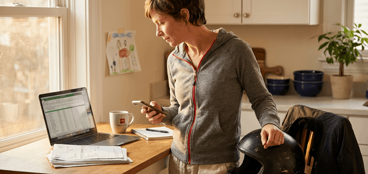 Woman in a kitchen checks her phone beside a laptop showing a spreadsheet, resting her hand on a motorcycle helmet, with paperwork and coffee nearby, suggesting she's managing bills after a riding incident.