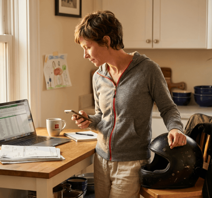 Woman in a kitchen checks her phone beside a laptop showing a spreadsheet, resting her hand on a motorcycle helmet, with paperwork and coffee nearby, suggesting she's managing bills after a riding incident.