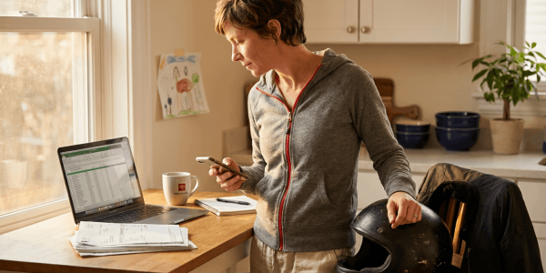 Woman in a kitchen checks her phone beside a laptop showing a spreadsheet, resting her hand on a motorcycle helmet, with paperwork and coffee nearby, suggesting she's managing bills after a riding incident.