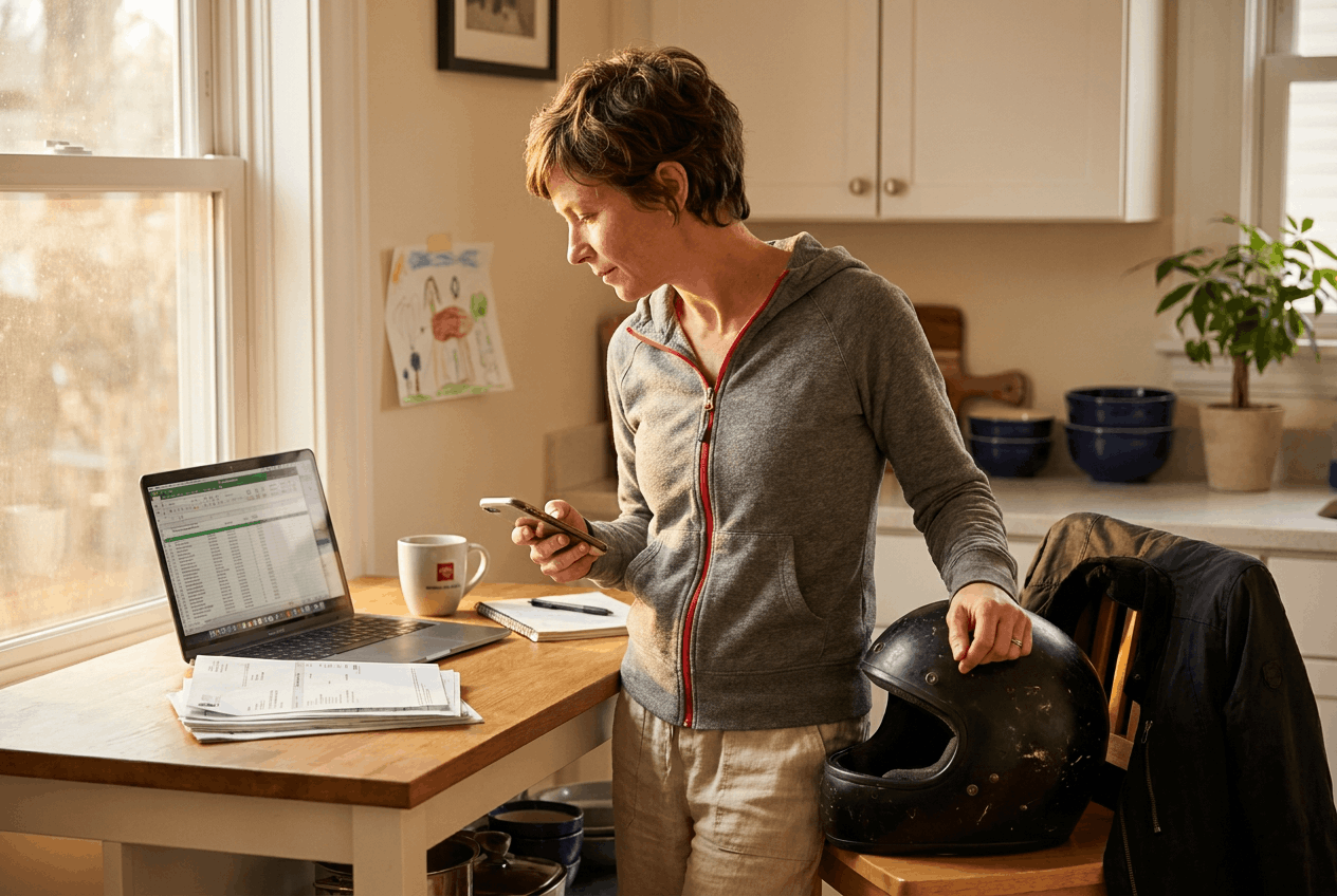 Woman in a kitchen checks her phone beside a laptop showing a spreadsheet, resting her hand on a motorcycle helmet, with paperwork and coffee nearby, suggesting she's managing bills after a riding incident.