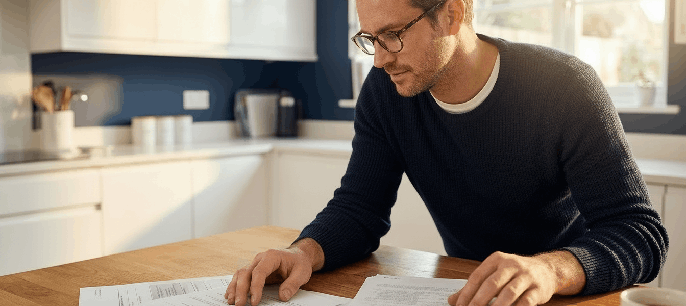 Parent at a kitchen table organizing car repair and insurance documents while consulting an AI assistant on their phone in warm natural light, showing a calm, focused effort to get organized after an accident.