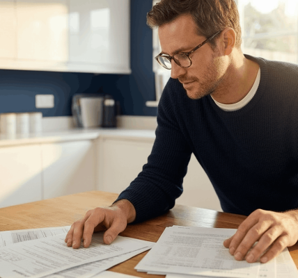 Parent at a kitchen table organizing car repair and insurance documents while consulting an AI assistant on their phone in warm natural light, showing a calm, focused effort to get organized after an accident.