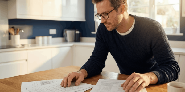 Parent at a kitchen table organizing car repair and insurance documents while consulting an AI assistant on their phone in warm natural light, showing a calm, focused effort to get organized after an accident.