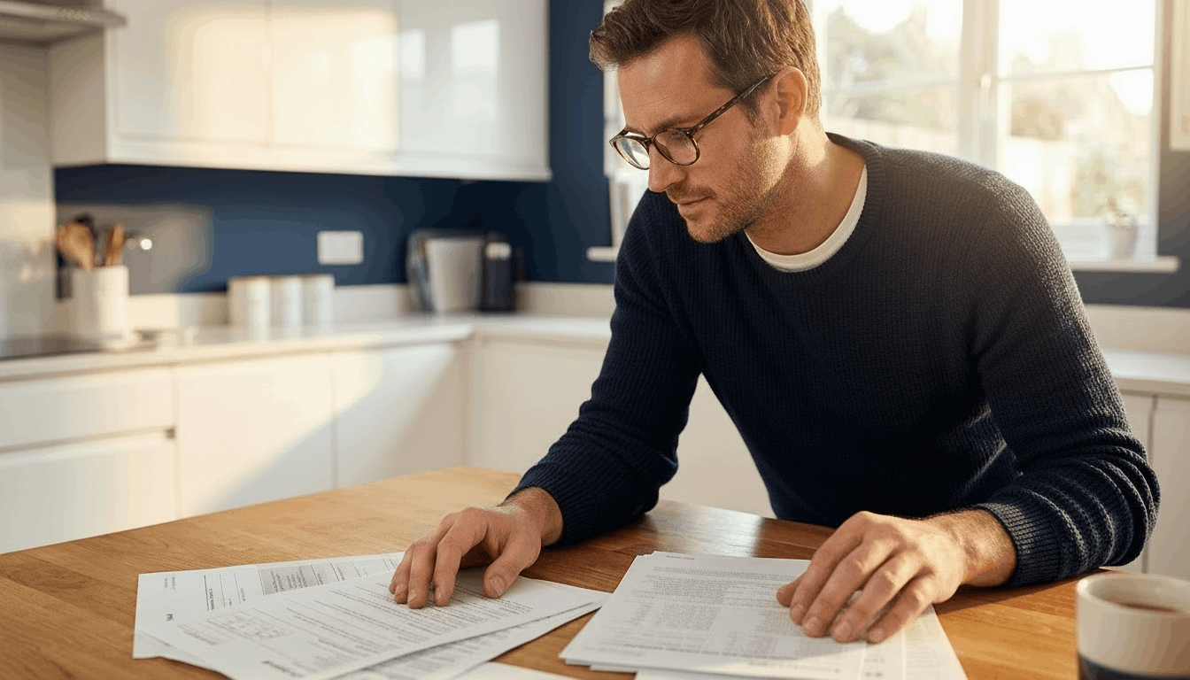 Parent at a kitchen table organizing car repair and insurance documents while consulting an AI assistant on their phone in warm natural light, showing a calm, focused effort to get organized after an accident.
