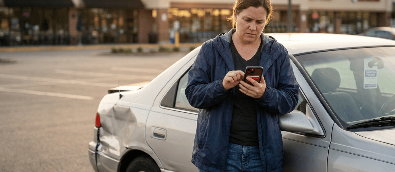 A concerned parent standing beside a damaged car in a sunlit parking lot, tapping through insurance paperwork on a smartphone with a thoughtful, solution-focused expression.