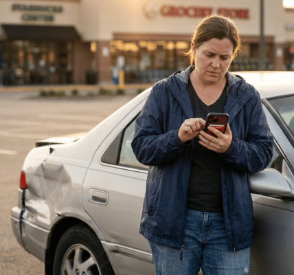 A concerned parent standing beside a damaged car in a sunlit parking lot, tapping through insurance paperwork on a smartphone with a thoughtful, solution-focused expression.