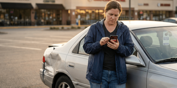 A concerned parent standing beside a damaged car in a sunlit parking lot, tapping through insurance paperwork on a smartphone with a thoughtful, solution-focused expression.