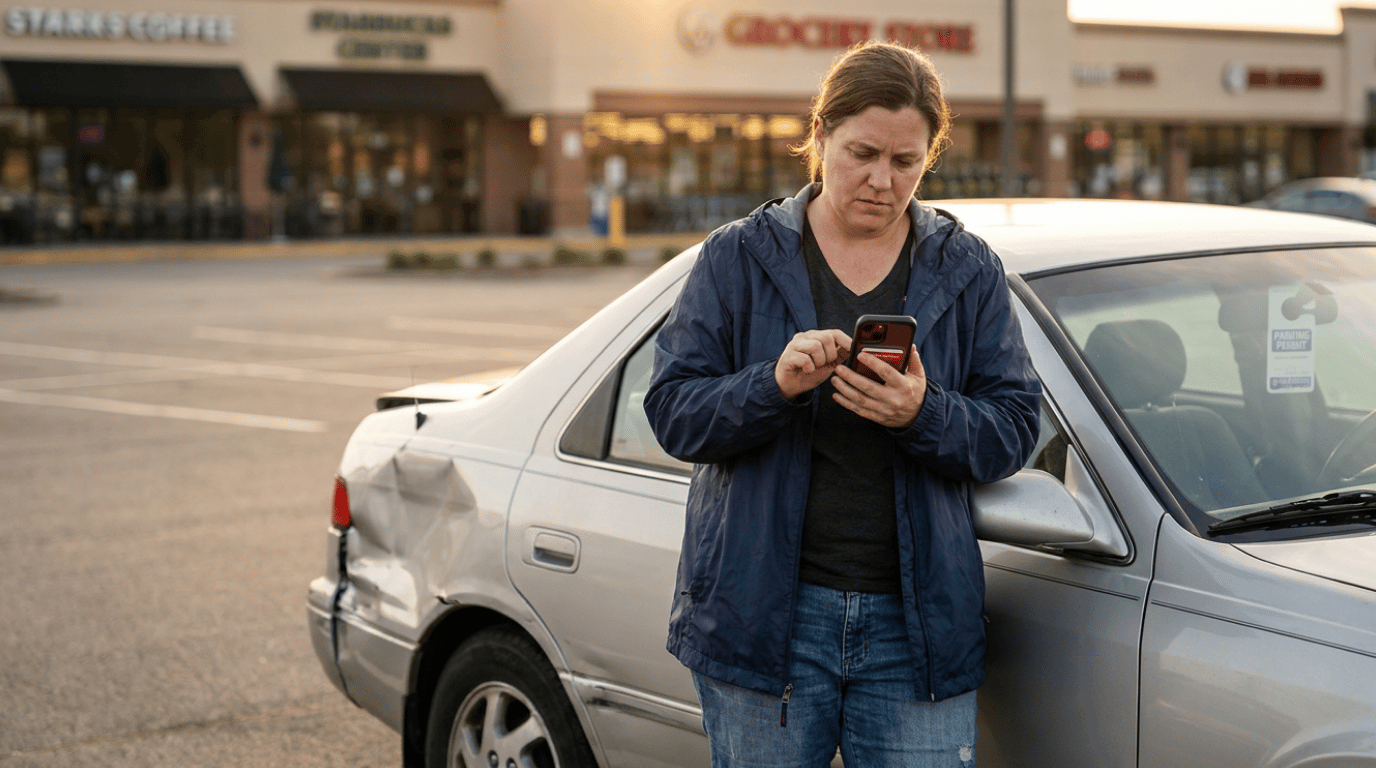 A concerned parent standing beside a damaged car in a sunlit parking lot, tapping through insurance paperwork on a smartphone with a thoughtful, solution-focused expression.