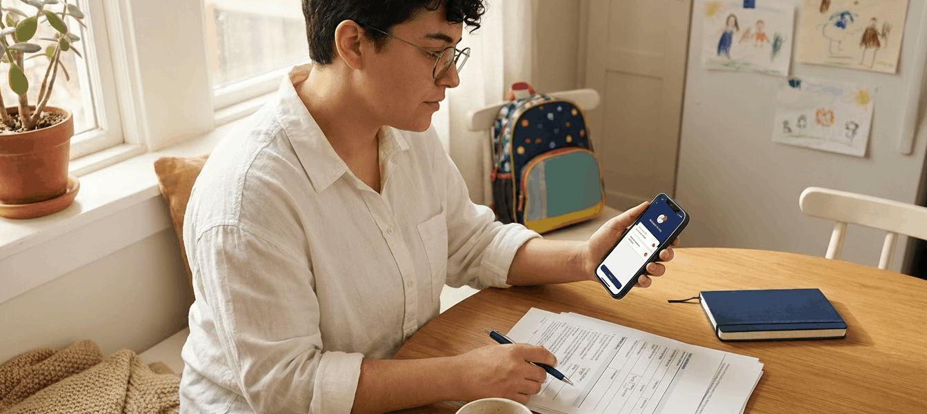 Parent at a wooden kitchen table reviewing insurance paperwork and holding a phone, with a child’s drawings on the fridge in the background; warm morning light highlights the phone and papers to convey a calm, supportive moment of taking action.