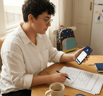Parent at a wooden kitchen table reviewing insurance paperwork and holding a phone, with a child’s drawings on the fridge in the background; warm morning light highlights the phone and papers to convey a calm, supportive moment of taking action.