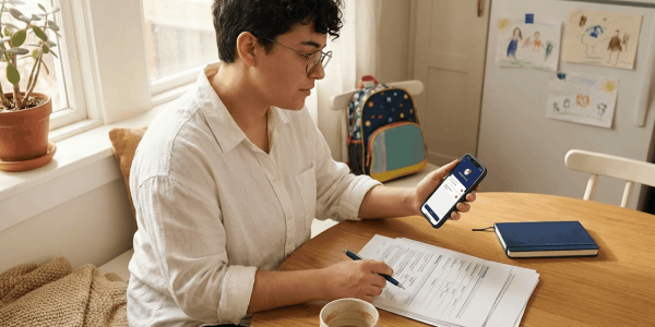 Parent at a wooden kitchen table reviewing insurance paperwork and holding a phone, with a child’s drawings on the fridge in the background; warm morning light highlights the phone and papers to convey a calm, supportive moment of taking action.