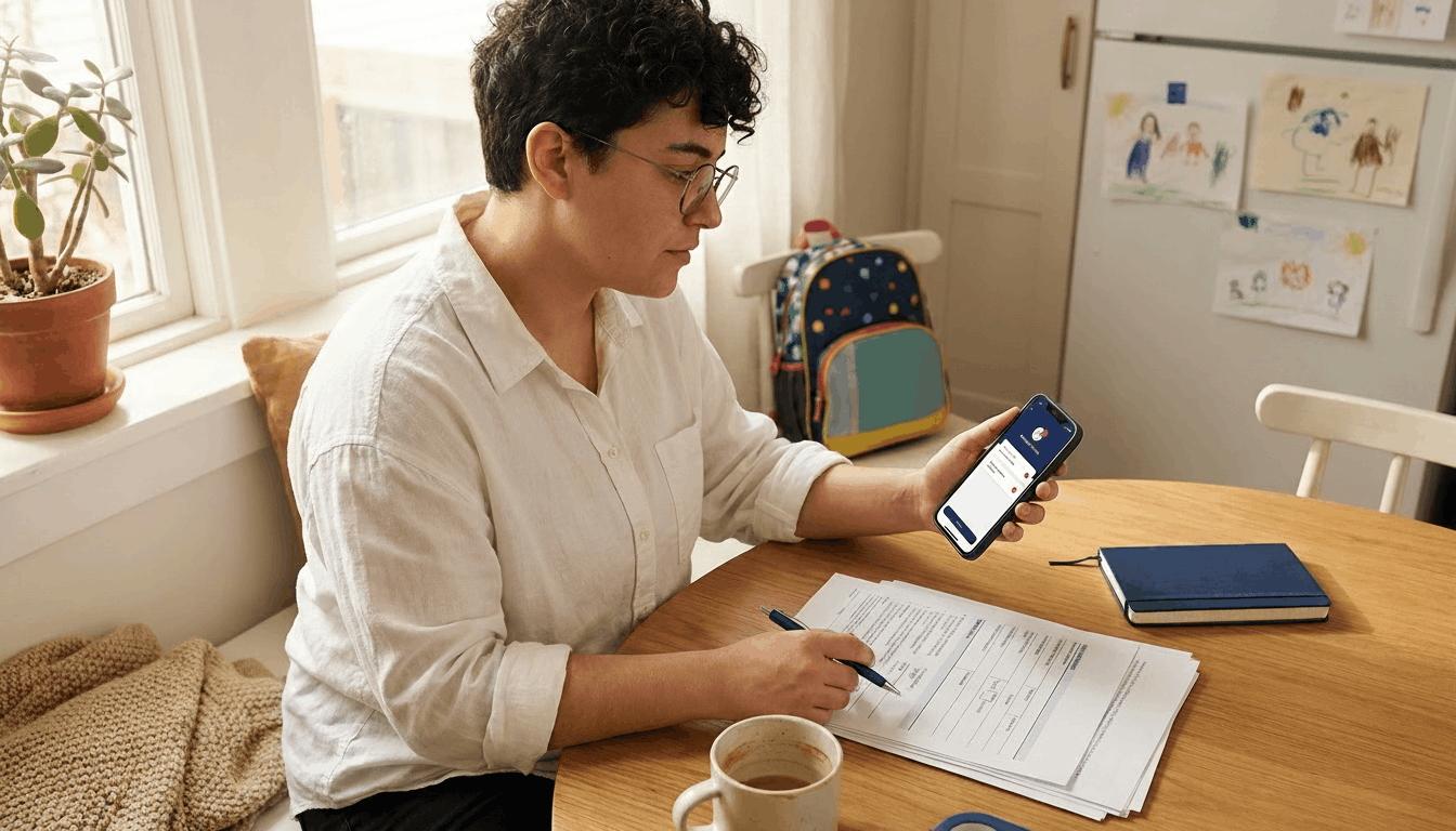 Parent at a wooden kitchen table reviewing insurance paperwork and holding a phone, with a child’s drawings on the fridge in the background; warm morning light highlights the phone and papers to convey a calm, supportive moment of taking action.
