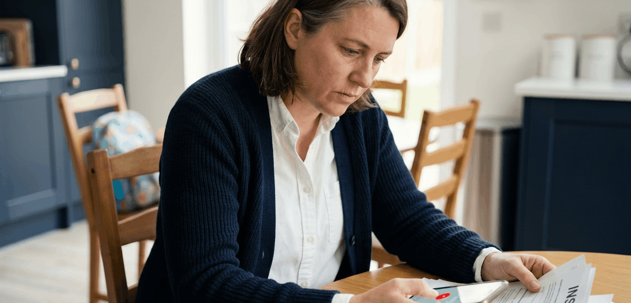 Parent at a kitchen table looking at a phone while holding insurance paperwork, with children's backpacks visible in the background, conveying focused concern and taking action.