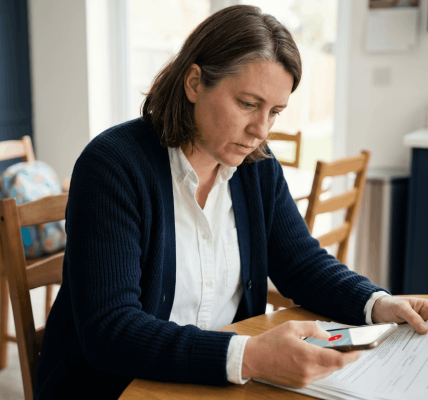 Parent at a kitchen table looking at a phone while holding insurance paperwork, with children's backpacks visible in the background, conveying focused concern and taking action.