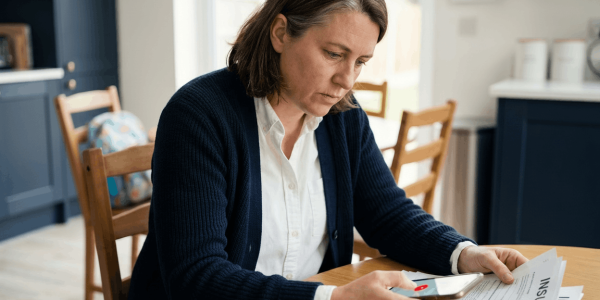 Parent at a kitchen table looking at a phone while holding insurance paperwork, with children's backpacks visible in the background, conveying focused concern and taking action.