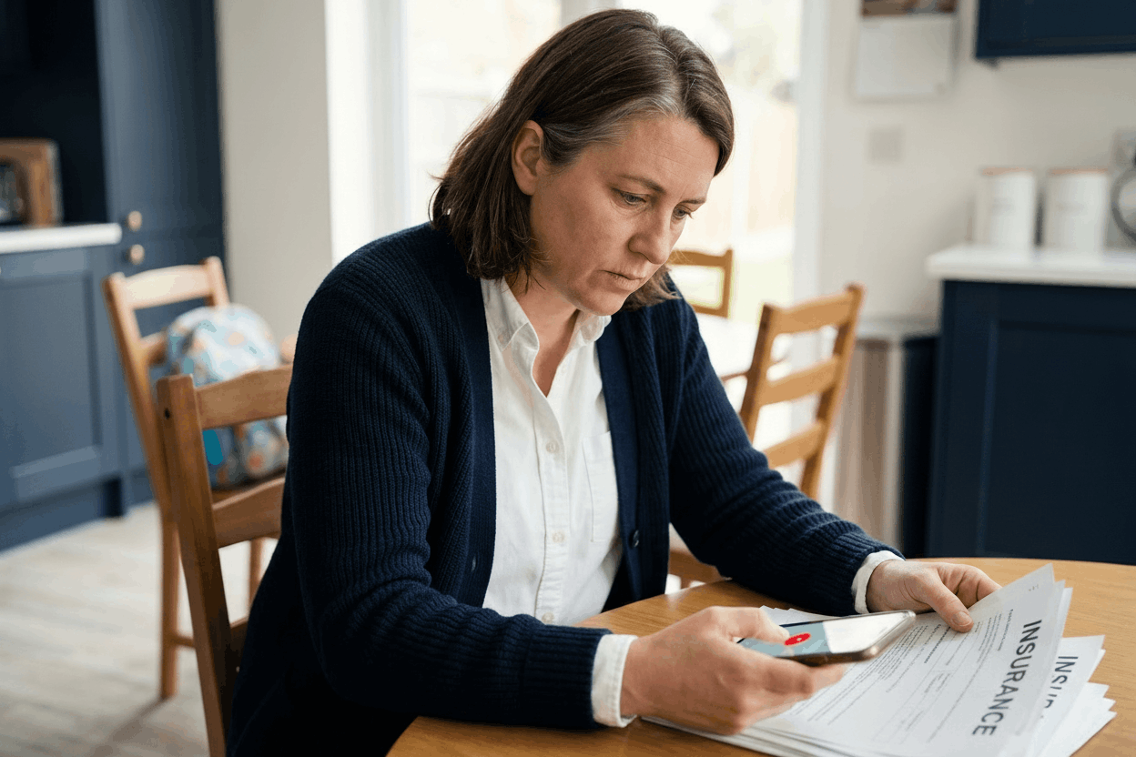 Parent at a kitchen table looking at a phone while holding insurance paperwork, with children's backpacks visible in the background, conveying focused concern and taking action.
