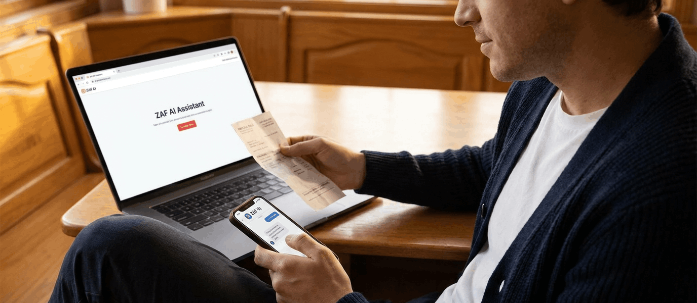 Man sitting at a wooden table reviews a paper medical bill while using a smartphone and laptop displaying the "ZAF AI Assistant" interface, comparing documents to verify charges and organize claim information.