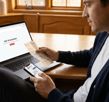 Man sitting at a wooden table reviews a paper medical bill while using a smartphone and laptop displaying the "ZAF AI Assistant" interface, comparing documents to verify charges and organize claim information.