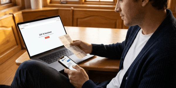 Man sitting at a wooden table reviews a paper medical bill while using a smartphone and laptop displaying the "ZAF AI Assistant" interface, comparing documents to verify charges and organize claim information.