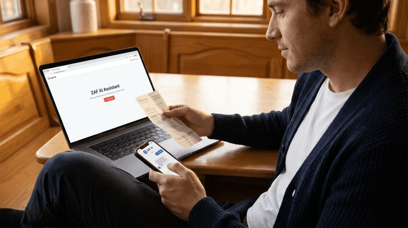 Man sitting at a wooden table reviews a paper medical bill while using a smartphone and laptop displaying the "ZAF AI Assistant" interface, comparing documents to verify charges and organize claim information.